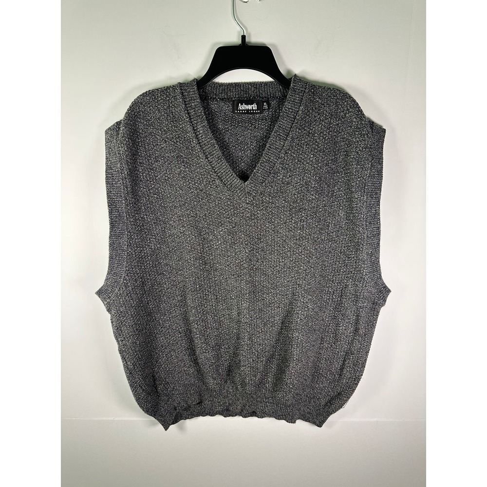 Ashworth Sweater Vest Mens XL V-Neck 100% Cotton Gray Textured Classic Fit